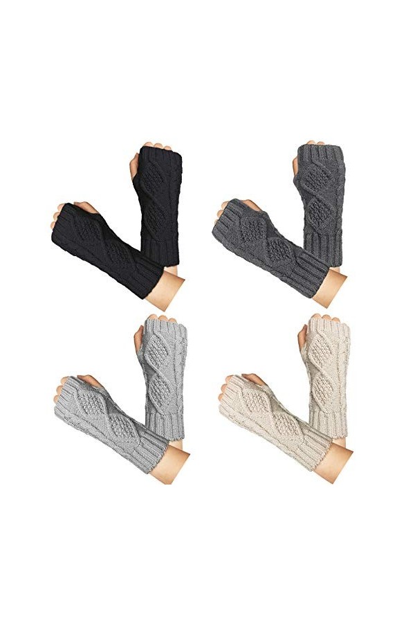 Loritta Lot de 4 paires de mitaines dhiver chaudes en tricot crochet avec trou de pouce pour femme, Multi F, Style 2-beige/g