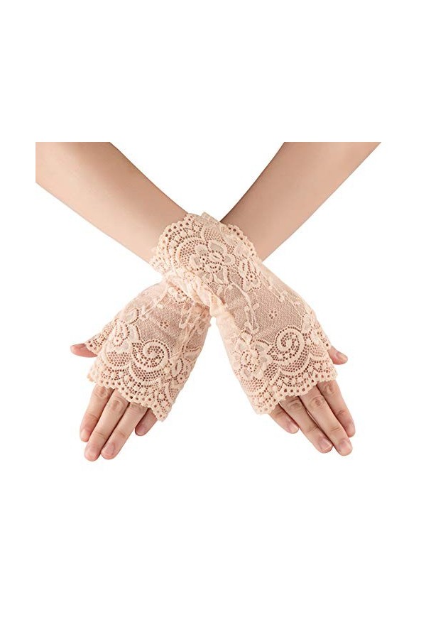 Xuhan Gants courts élégants en dentelle florale pour femme Longueur poignet, Gris léopard, Large