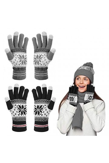 Bearbro Gants Chauds Tactiles Hiver,2 Paires Gants Ecran Tactiles,Gant Femme Chaud Tricot Laine Elastique avec Flocons de Nei
