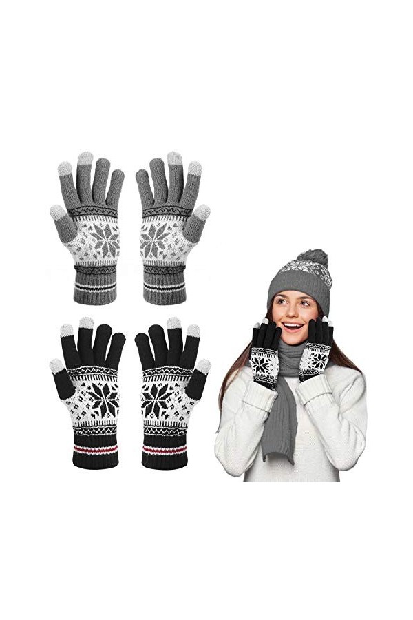 Bearbro Gants Chauds Tactiles Hiver,2 Paires Gants Ecran Tactiles,Gant Femme Chaud Tricot Laine Elastique avec Flocons de Nei