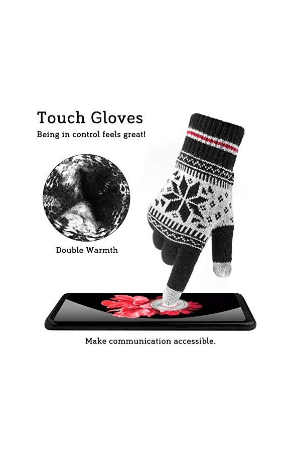 Bearbro Gants Chauds Tactiles Hiver,2 Paires Gants Ecran Tactiles,Gant Femme Chaud Tricot Laine Elastique avec Flocons de Nei