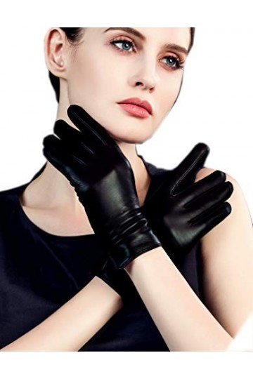 YISEVEN Gants en Cuir dAgneau pour Femmes Écran Tactile Doublure en Laine Plate Réel Élégant Doublure en Fourrure Chaude Pea