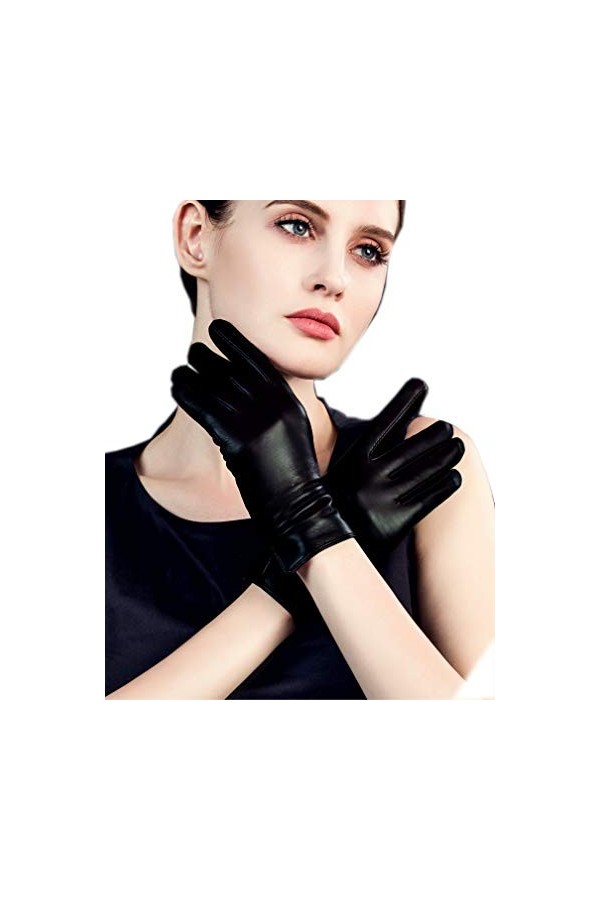 YISEVEN Gants en Cuir dAgneau pour Femmes Écran Tactile Doublure en Laine Plate Réel Élégant Doublure en Fourrure Chaude Pea