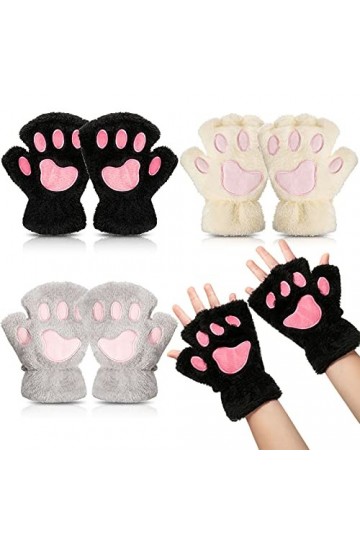 3 Paires Gants de Patte de Chat en Peluche Fourrure Noir, Blanc, Gris 