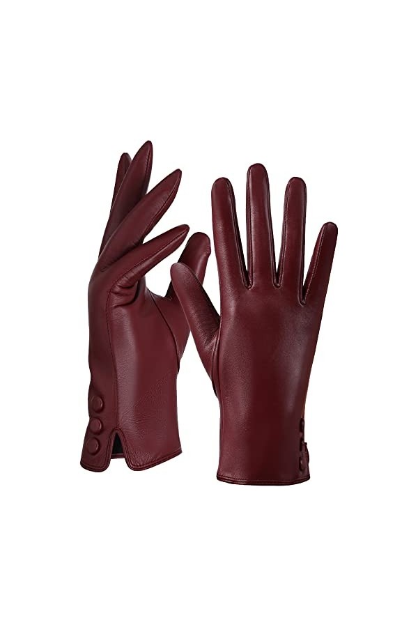 GSG Gants Hiver en Cuir pour Femme Gants Chaud Écran Tactile en Peau de Mouton Doublés de Polaire Noir-Violet S