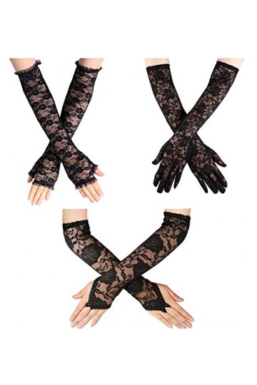 3 Paires Femme Noir Gants Long en Dentelle Gants et Moufles sans Doigt Florale Gants de Mariage pour Halloween Fête Bal Opéra