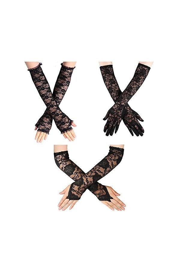 3 Paires Femme Noir Gants Long en Dentelle Gants et Moufles sans Doigt Florale Gants de Mariage pour Halloween Fête Bal Opéra