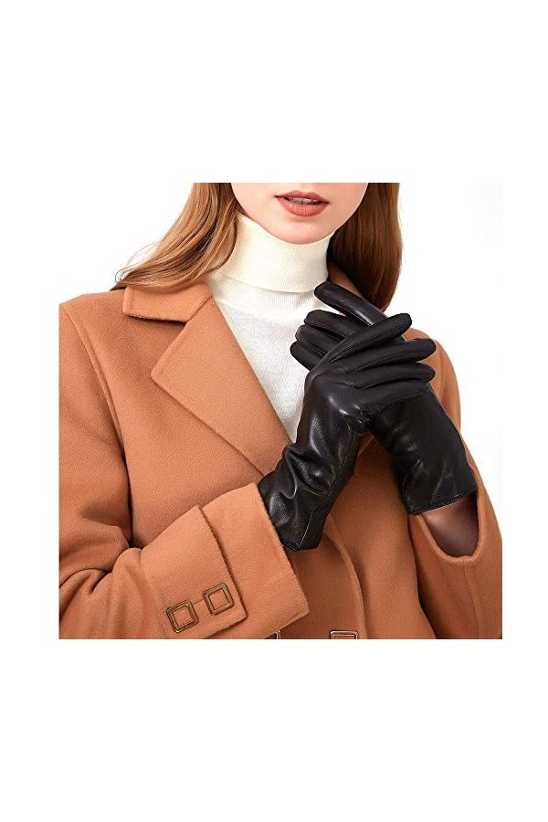 ZLUXURQ Gants en cuir dagneau véritable doux noir pour femmes avec écran tactile pour temps froid doublés en cachemire