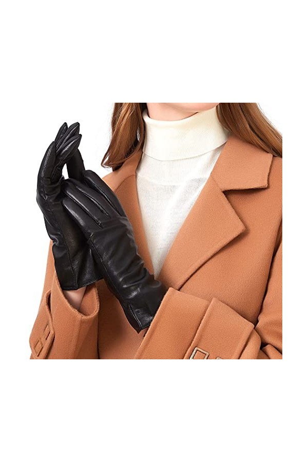 ZLUXURQ Gants en cuir dagneau véritable doux noir pour femmes avec écran tactile pour temps froid doublés en cachemire