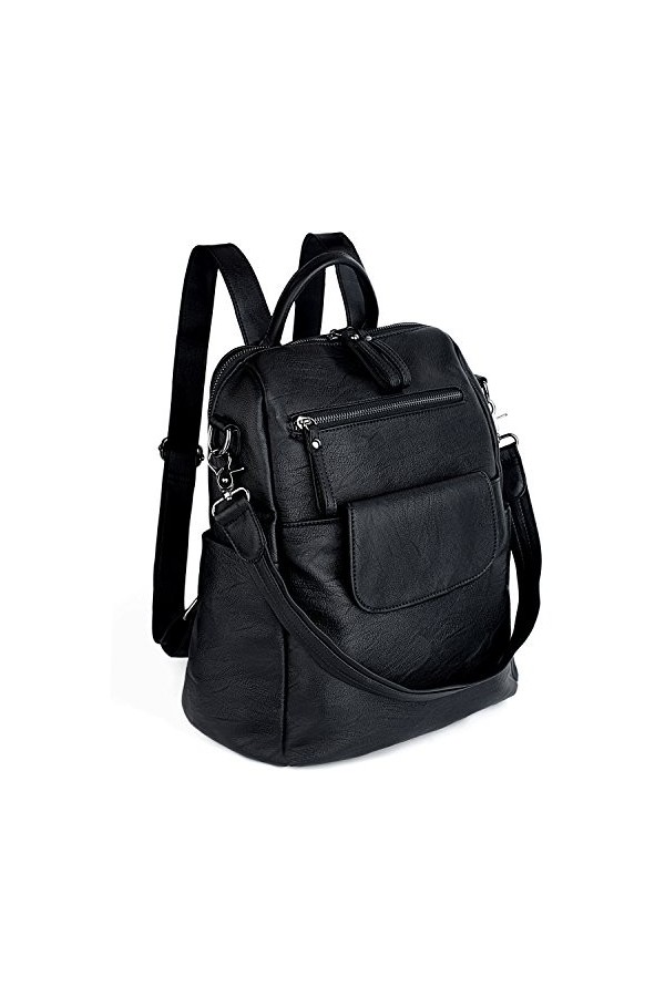 UTO Femme Sac à Dos Petit Sac à Bandoulière Amovible Bien Organisation Capacité Similicuir Souple Noir