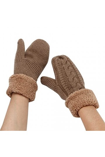Gants moufles pour homme et femme - En peluche tricotée - Coupe-vent - Chaud - Épais - Avec doigts - En polaire kaki, taille