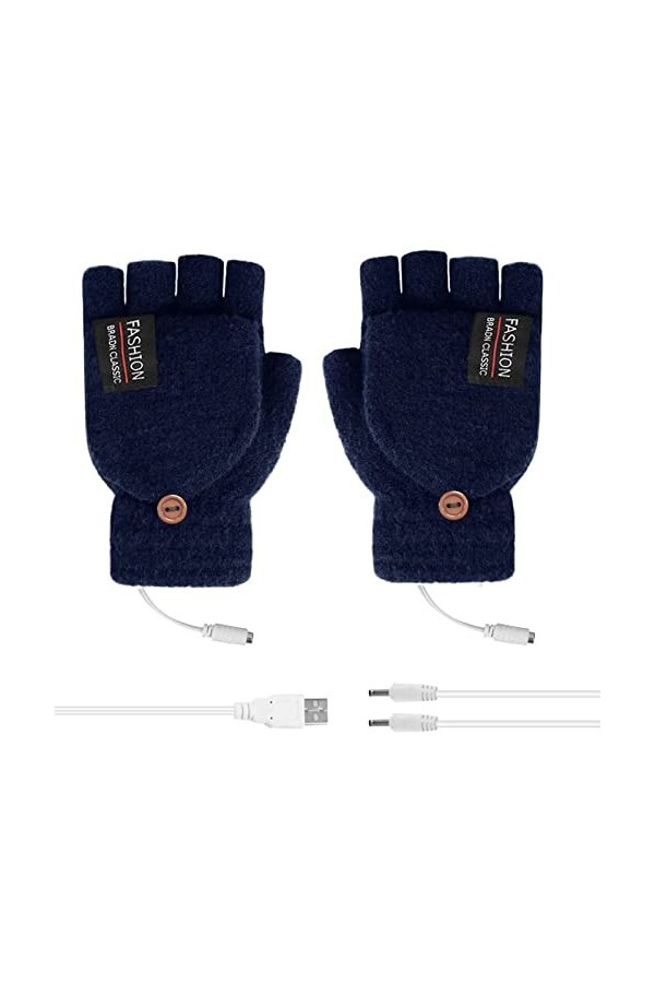 Moufles chaudes pour homme et moitié pour ordinateur portable - Gants dhiver tricotés avec port USB - Gants chauffants pour 