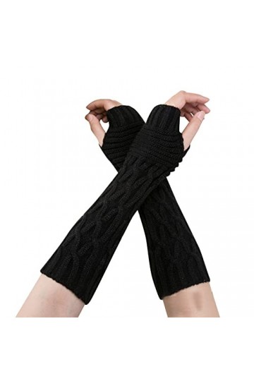 STKOOBQ Gants longs en laine à tricoter pour femme - Automne et hiver - Manches longues plissées - Pour temps froid, Noir , t