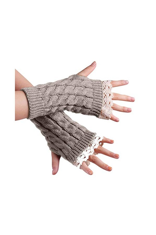 Moufles pour femme pour temps froid - En tricot et dentelle isolée - Demi solides - Décontracté - Pour temps froid