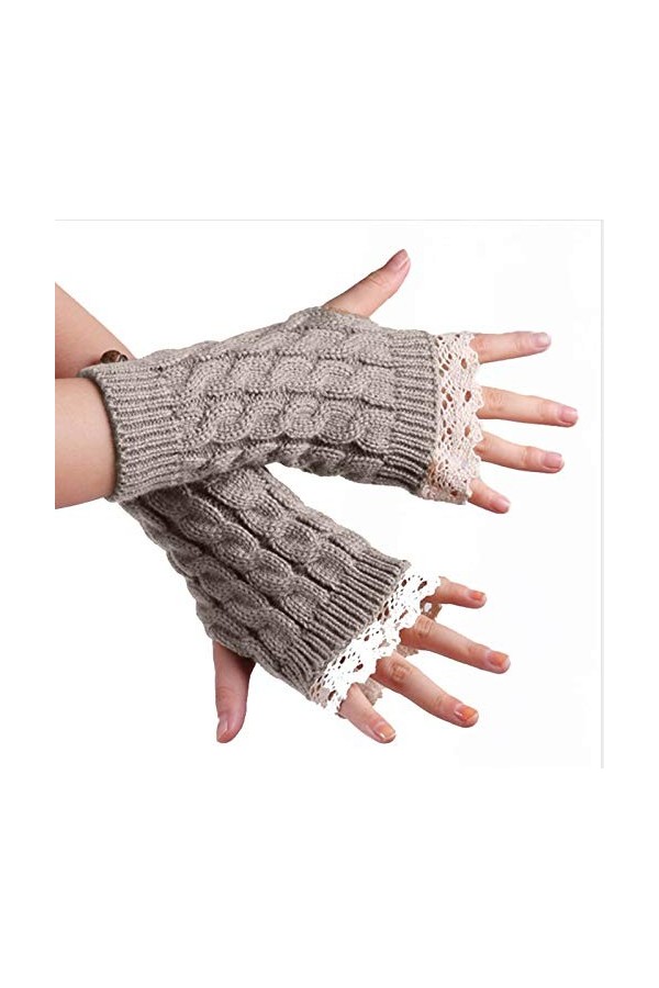 Moufles pour femme pour temps froid - En tricot et dentelle isolée - Demi solides - Décontracté - Pour temps froid