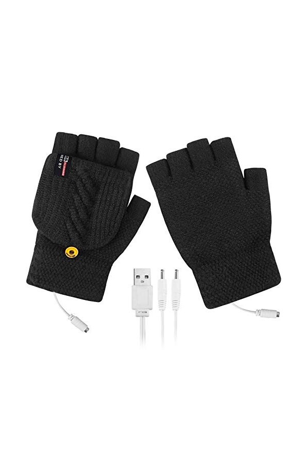 Gants chauffants dextérieur en cuir avec batterie rechargeable Li-ion, Noir , taille unique
