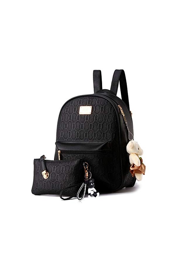 DEERWORD Femme Sac a Dos Sacs à Main Portés Bandouliere Feminin Ados Original PU Cuir 5255 1pc Ensemble Noir V1