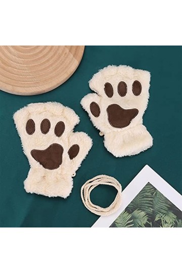 Mitaines dhiver de Chat Gants Chauds en Peluche avec Moufles Demi-Doigt Motif Patte dours Gants Thermique Mignon Joli Douce