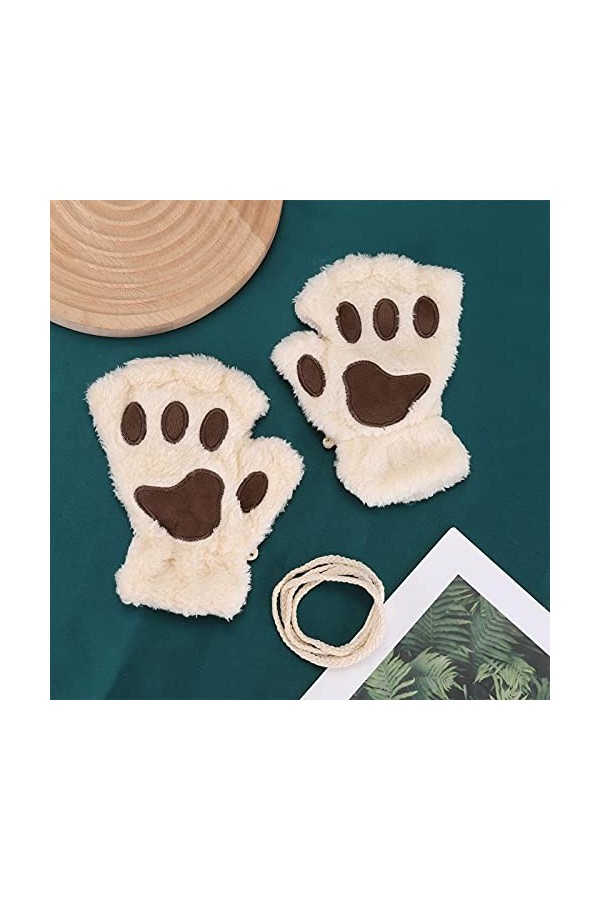 Mitaines dhiver de Chat Gants Chauds en Peluche avec Moufles Demi-Doigt Motif Patte dours Gants Thermique Mignon Joli Douce