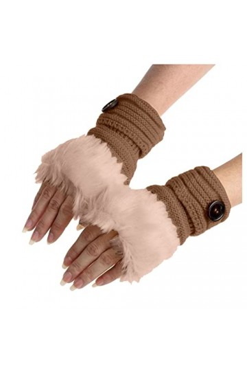 TDEOK Gants dhiver chauds pour femmes Moufles femmes Faux doigts dhiver lapin Gants chauds poignets gants dentelle, kaki, t