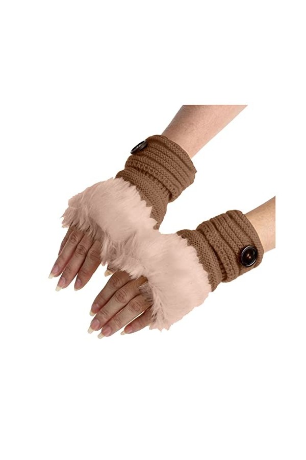 TDEOK Gants dhiver chauds pour femmes Moufles femmes Faux doigts dhiver lapin Gants chauds poignets gants dentelle, kaki, t