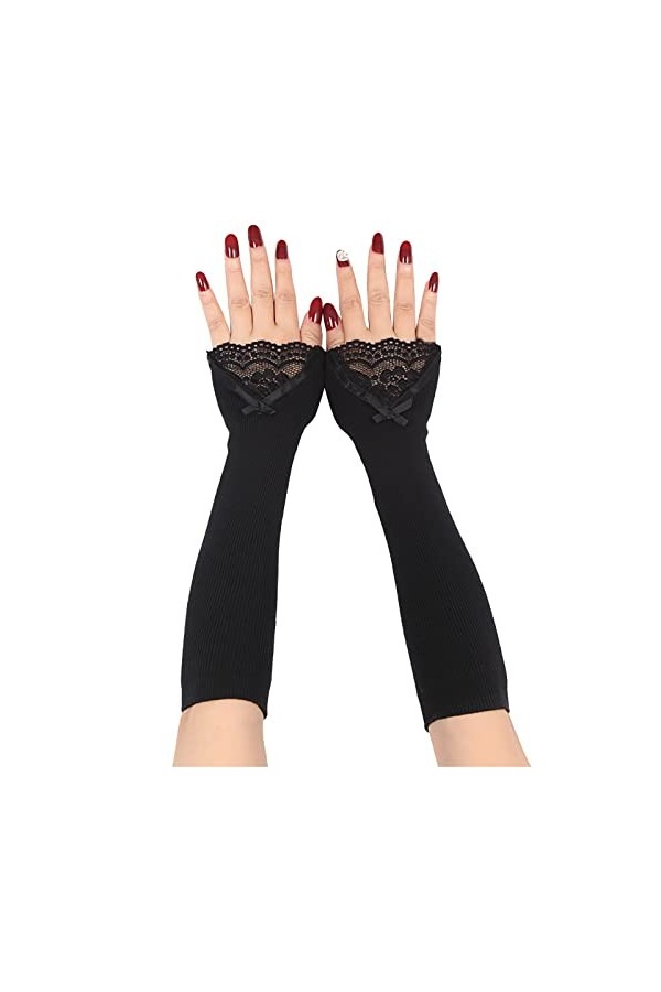 IQYU Costume néon pour femme - Manches - Manches - Dentelle chaude - Faux gants tricotés - Gants longs - Velours noir, Noir ,
