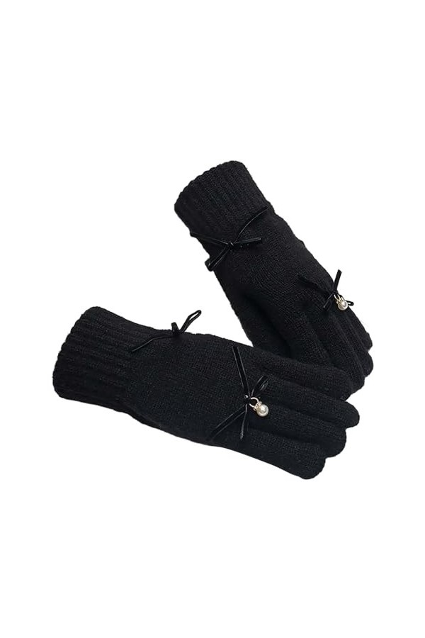 hahuha Moufles pour femme - Gants chauffants avec nœud - Pour lhiver - Cinq aiguilles tricotées en laine - Mitaines pour tou