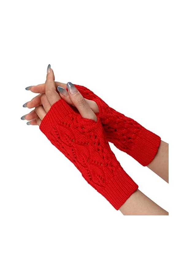 HANXIULIN Moufles dhiver chaudes en tricot doux et extensible à manches longues pour femme, rouge, taille unique
