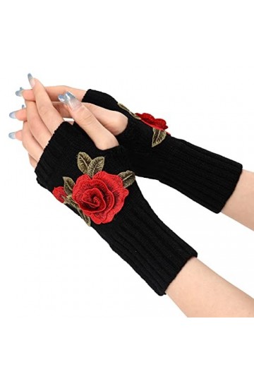 Gants chauds en tricot pour femme, moufles convertibles, gants en cuir à fleurs à la mode Noir, Noir , taille unique