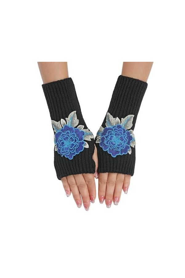 Gants dhiver pour femme - Gants chauds et courts - Gants floraux en tricot - Manchettes tricotées - Unisexe - Gants dhiver 
