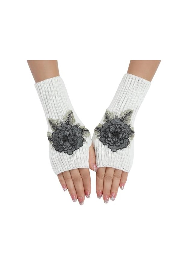 Gants dhiver pour femme - Gants chauds et courts - Gants floraux en tricot - Manchettes tricotées - Unisexe - Gants dhiver 