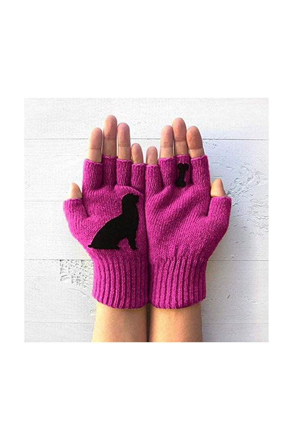 Moufles en laine pour femme - Automne et hiver - Chaud - Imprimé os de chien