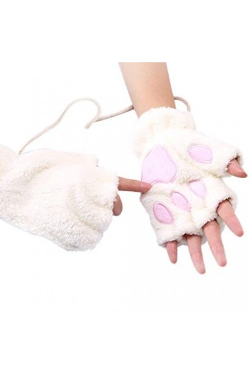 Fhuuly Mignon Femmes Plus Velours épaississement Demi-Doigt Flip Garder des Gants Mitaines Patte de Chat Blanc 