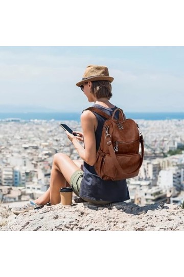 UTO Femme Sac porté Dos Anti-Vol Sac à main porté épaule Synthétique Mode Pratique avec Petit Pochette détachable Brun bicolo