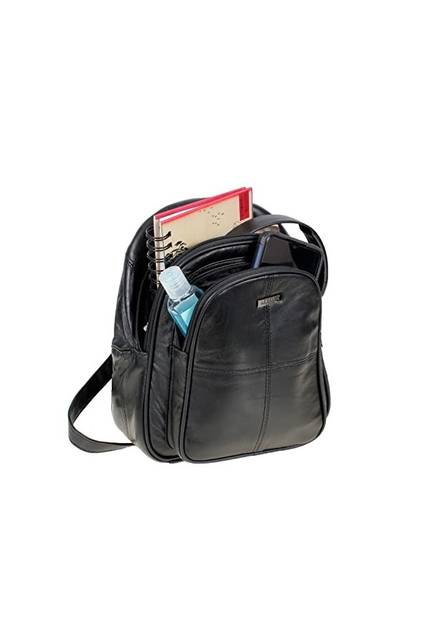 AR BRAND EST. 2021 Sac à dos pour femme en cuir nappa véritable souple avec poche de sécurité, Noir , MED