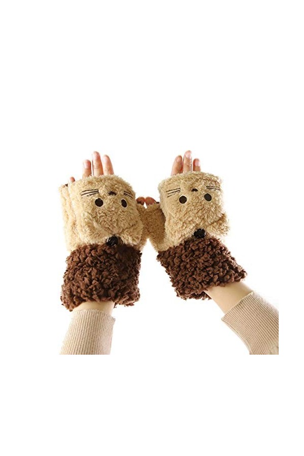 Walaka Femmes Filles Gants de Demi-doigts Hiver Moufles en Peluche Doux Cartoon Griffe danimal Mignon Gants Epais & Chaud Co