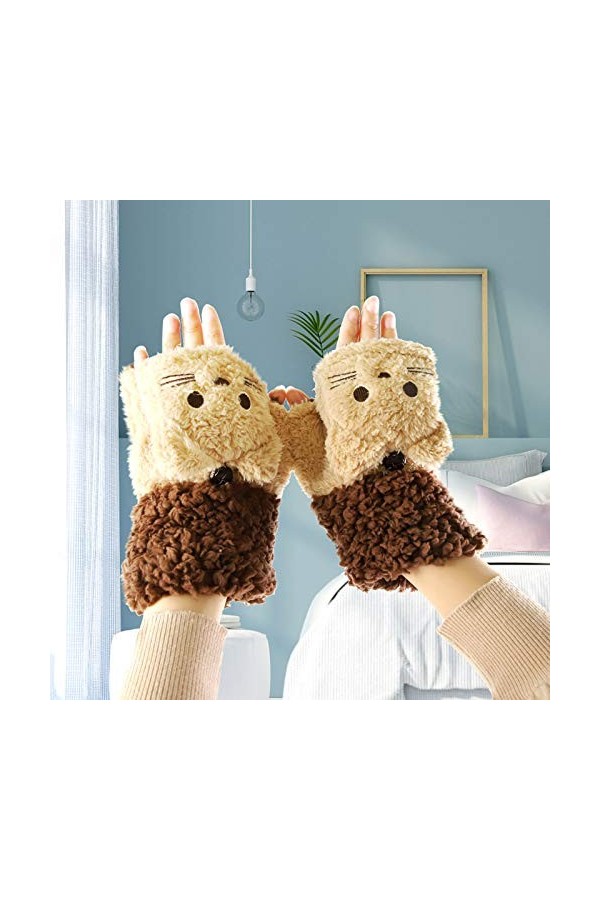 Walaka Femmes Filles Gants de Demi-doigts Hiver Moufles en Peluche Doux Cartoon Griffe danimal Mignon Gants Epais & Chaud Co