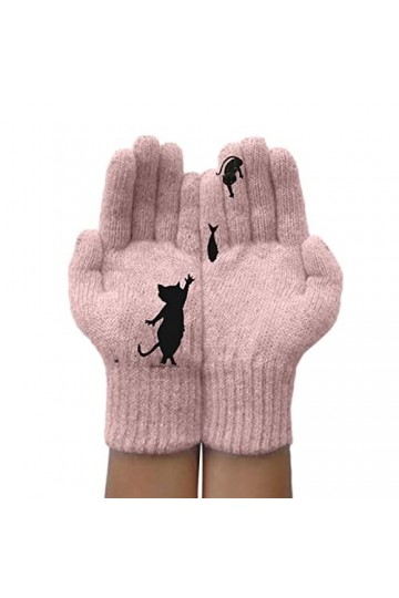 Gants dhiver pour femmes | Gants tricotés chauds pour femmes | Moufles élastiques douces et tendance avec imprimé chat Gants