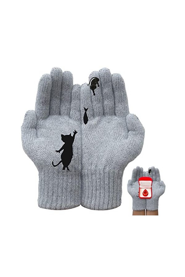 Gants dhiver pour femmes | Gants tricotés chauds pour femmes | Moufles élastiques douces et tendance avec imprimé chat Gants