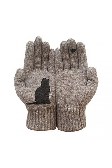 Gants moufles chauds dautomne et dhiver pour femme - Gants dextérieur en laine imprimé chat - Gants pour femme, Brown, tai