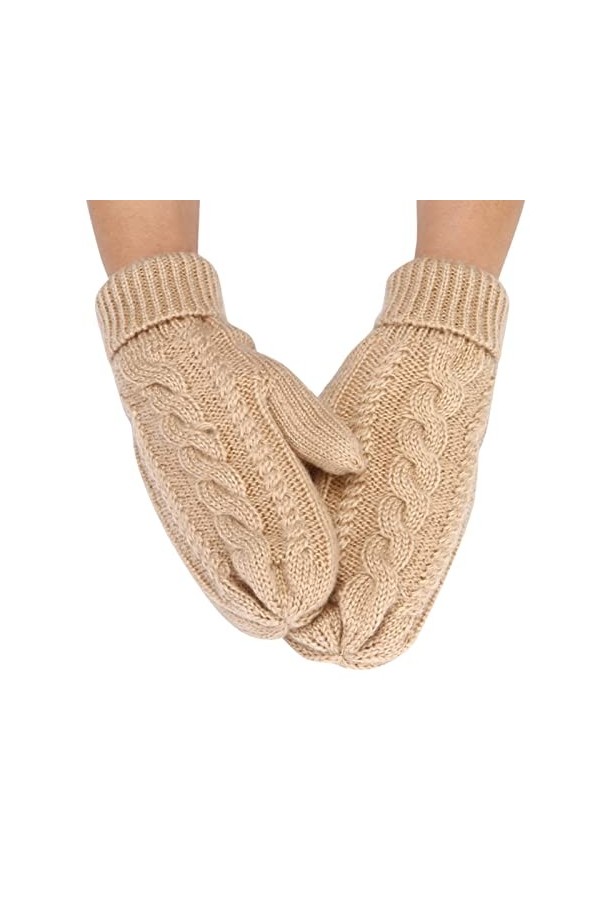 Gants épais en tricot torsadé de couleur unie pour femme, beige, taille unique