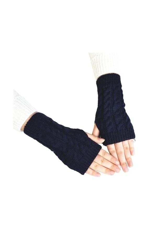 kiskick Accessoires dhiver chauds gants tricotés demi-doigts moufles antidérapantes élastiques de couleur unie avec motif to
