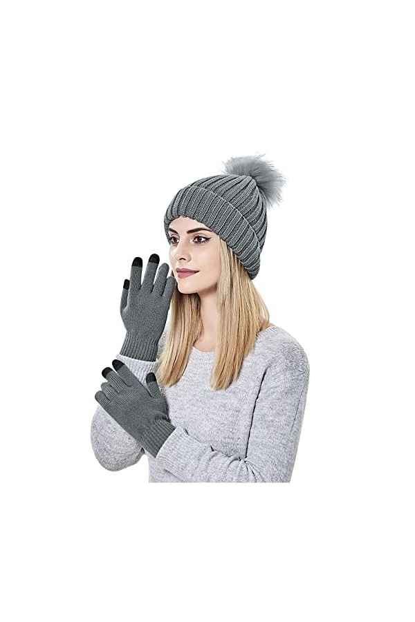 ADOSSAC Gants Chauds Tactiles Hiver Gants Ecran Tactiles Gant Femme Chaud Tricot Bonnet dhiver tricoté Bonnet à Pompon en Fo