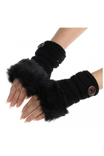 LOIJMK Moufles dhiver sans doigts pour femme - Gants chauds - Faux lapin - Gants pour femme - Noir - Fourrure dhiver, Noir 