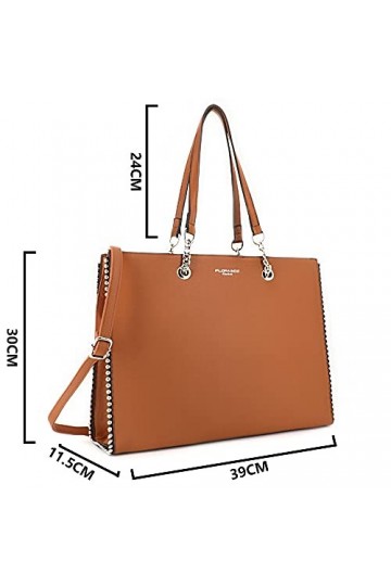 Sac A Main Femme Chaînes Perles Billes - Sac Cabas Similicuir Grainé - Sac Cours Travail Format A4 - Sac Porté Epaule Bandoul