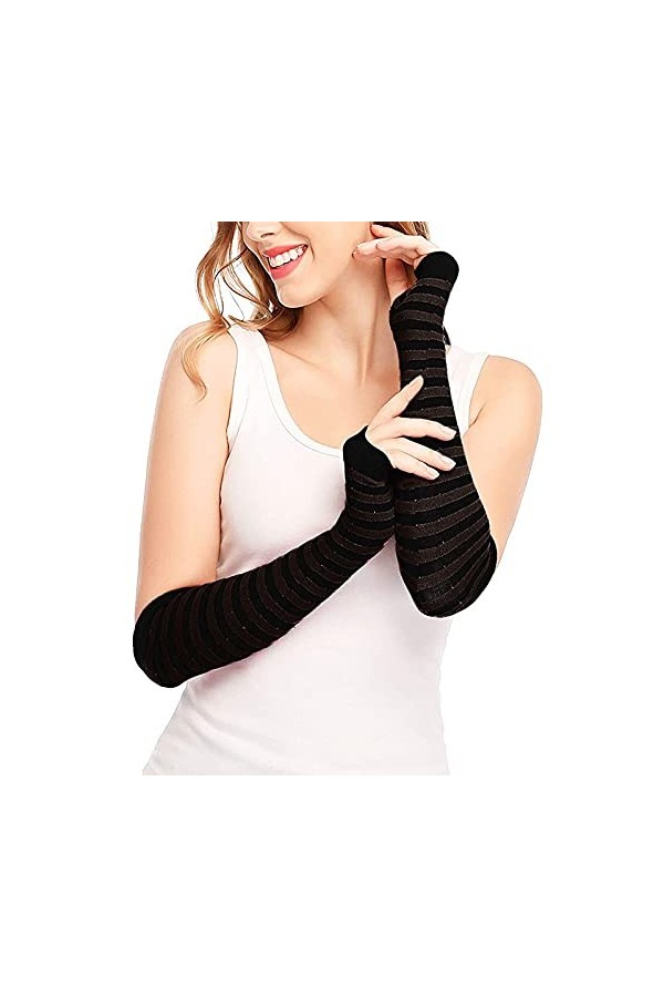 Manchettes longues rayées pour femme, mitaines tricotées, mitaines longues, accessoires dautomne et dhiver pour femme, café