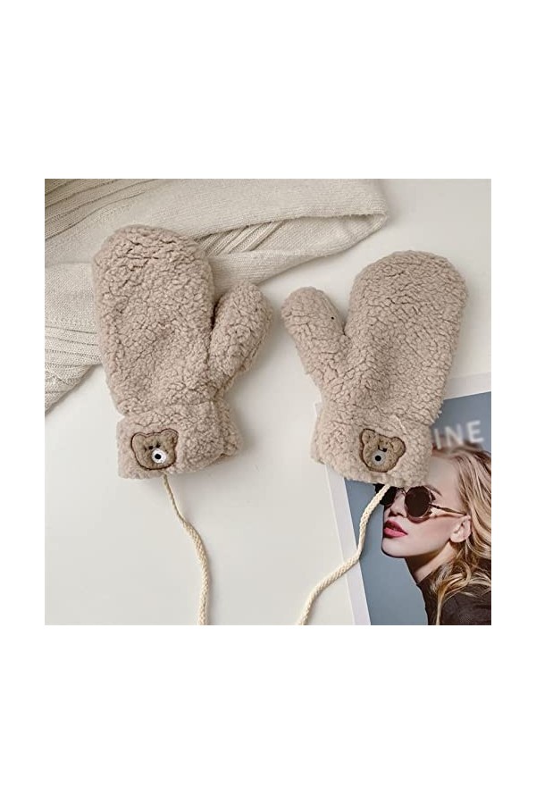 Gants pour temps froid 3D Cute Bear Gants dhiver double couche pour femme Moufles en corde tressée épaisse en peluche thermi