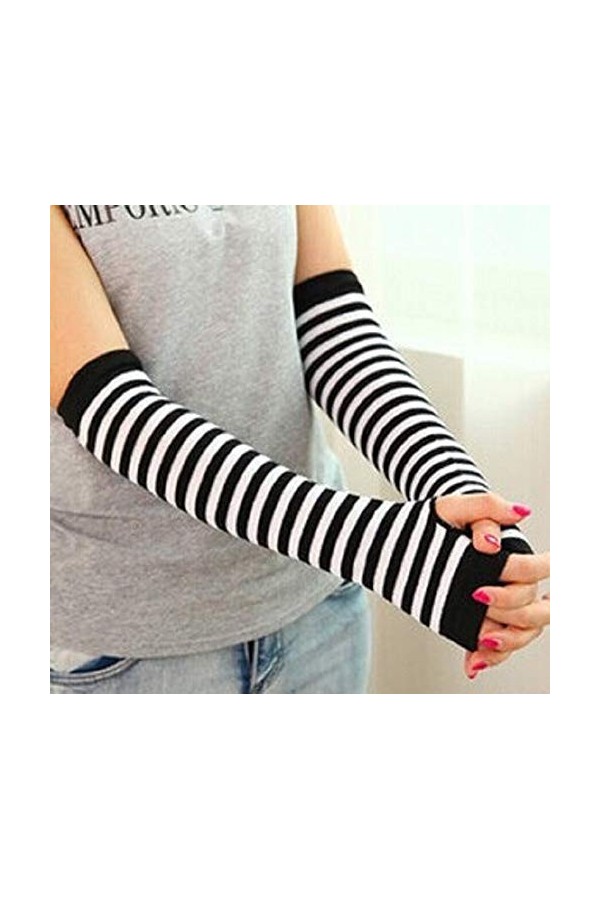 Gants sans Doigts pour Femmes,Mode Hiver Automne Rayure Poignet Bras Main Manchettes Femmes Hommes Tricoté Longs Gants sans D