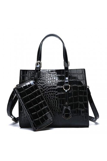 Coolives Ensemble de Sacs a main avec 2 pièces avec Bandoulière pour Femme Motif Crocodile Sac portés épaule Noir