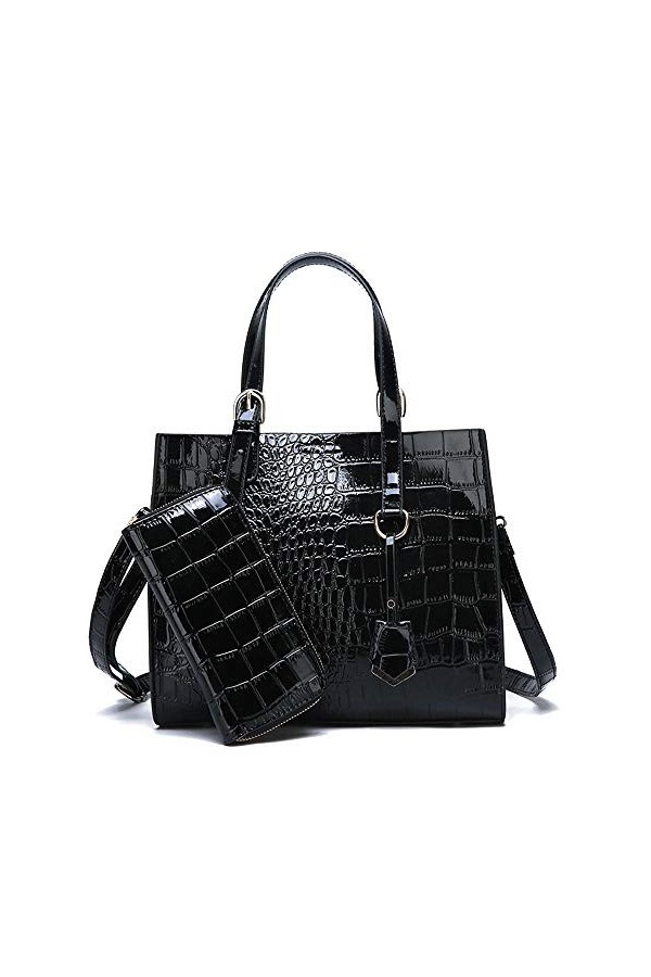 Coolives Ensemble de Sacs a main avec 2 pièces avec Bandoulière pour Femme Motif Crocodile Sac portés épaule Noir